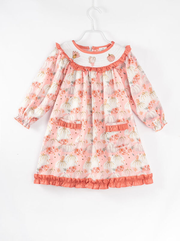 Coral Pink Pumpkin Turkey Girl Smocked Dress