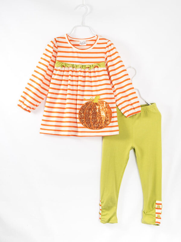 Orange Stripe Sequins Pumpkin Ruffle Girl Pant Set