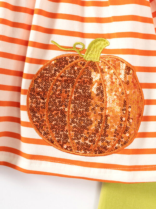 Orange Stripe Sequins Pumpkin Ruffle Girl Pant Set - Image 4