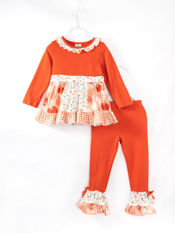 Orange Pumpkin Floral Ruffle Girl Pant Set