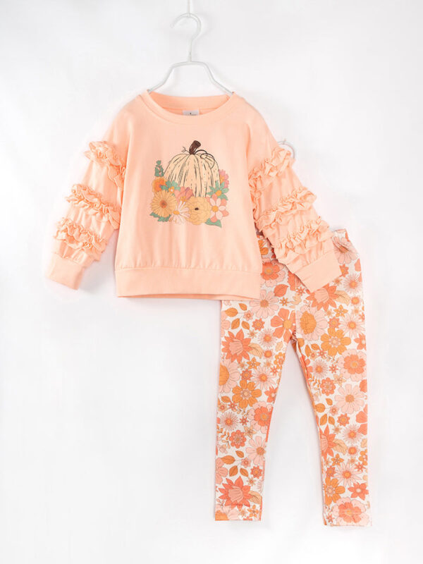 Coral Pumpkin Floral Ruffle Girl Bottom Set