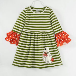 Halloween Stripe Ghost Print Ruffle Girl Twirl Dress