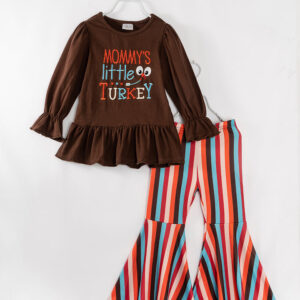 Brown LITTLE TURKEY Stripe Ruffle Girl Bell Pant Set
