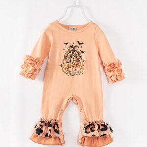 Halloween Leopard Spooky Vibes Pumpkin Ruffle Baby Girl Romper