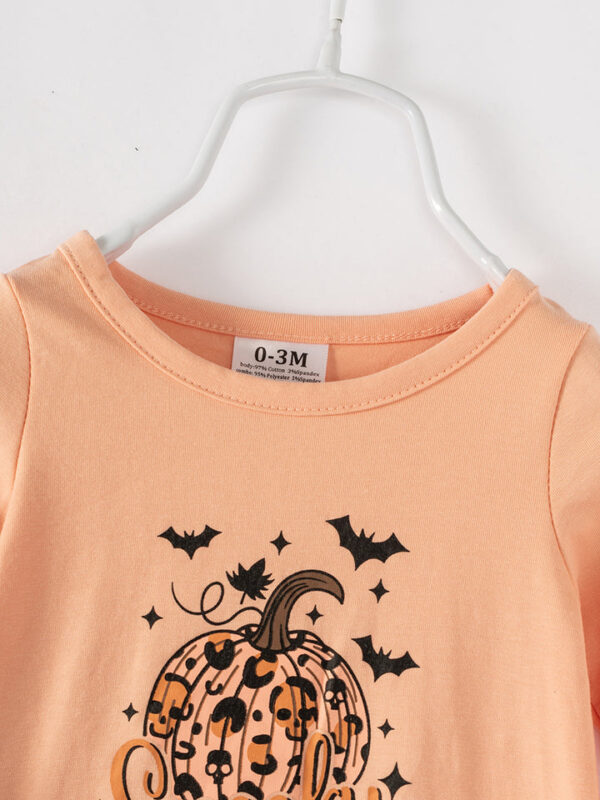 Halloween Leopard Spooky Vibes Pumpkin Ruffle Baby Girl Romper - Image 3