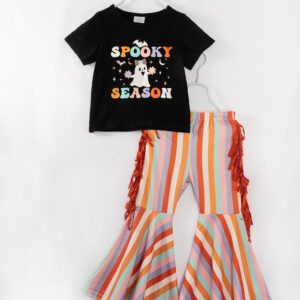 Halloween Spooky Season Ghost Stripe Tassel Girl Bell Pant Set
