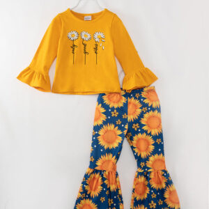 Yellow Sunflower Ruffle Girl Bell Bottom Set