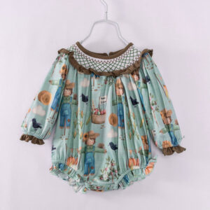 Scarecrow Pumpkin Ruffle Baby Girl Smocked Bubble Romper