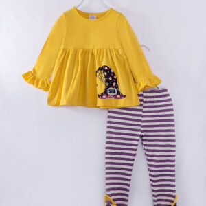 Halloween Purple Stripe Witch's Hat Ruffle Girl Pant Set