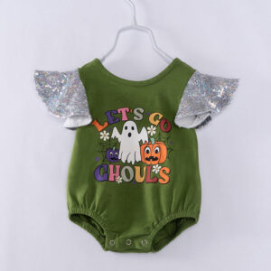 Green LET'S GO GHOULS Ruffle Baby Girl Romper