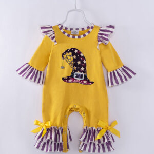 Halloween Purple Stripe Witch's Hat Ruffle Baby Girl Romper