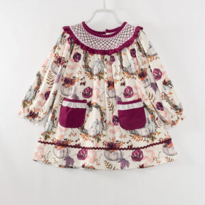 Purple Floral Pumpkin Pocket Girl Smocked Dress