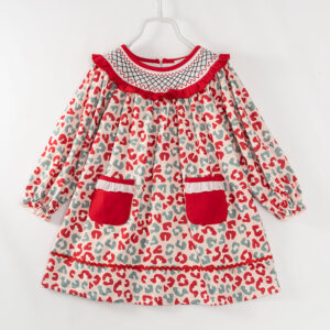 Red Green Leopard Pocket Ruffle Girl Smocked Dress