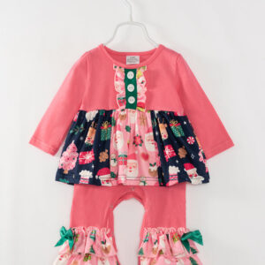 Pink Christmas Santa Ruffle Baby Girl Romper Set