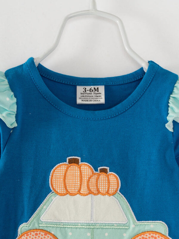Blue Car Pumpkin Ruffle Baby Girl Romper - Image 3