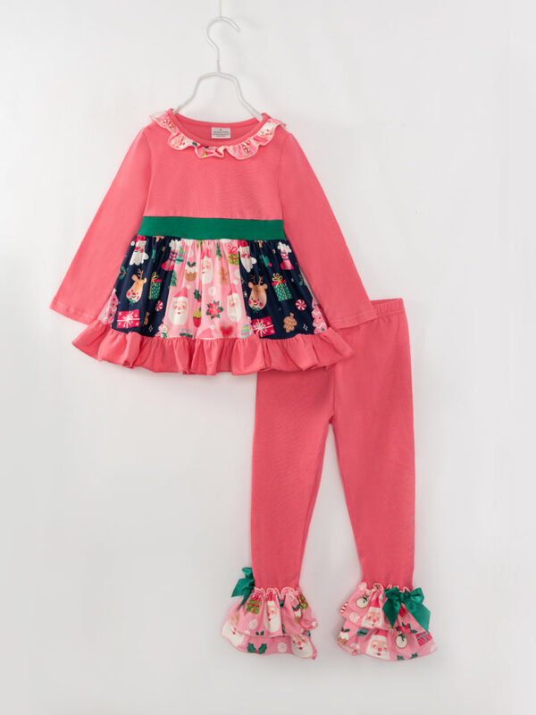 Pink Christmas Santa Ruffle Girl Bell Pant Set