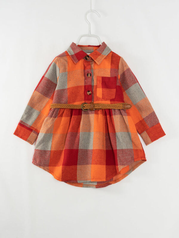 Orange Plaid Girl Shirt Dress with Belt