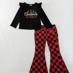 Red Black Plaid Christmas VIBES Girl Denim Bell Pant Set