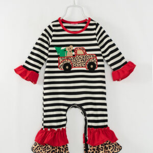 Christmas Stripe Tree Car Ruffle Baby Girl Romper