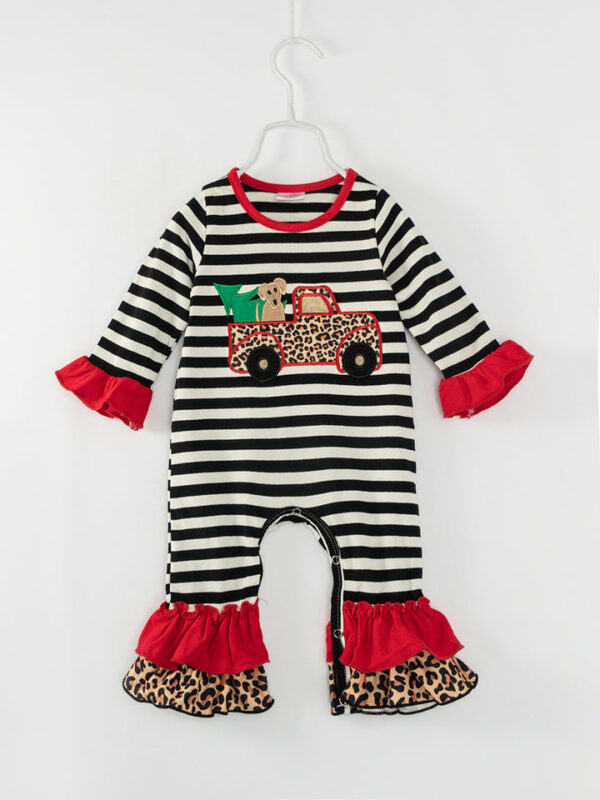 Christmas Stripe Tree Car Ruffle Baby Girl Romper