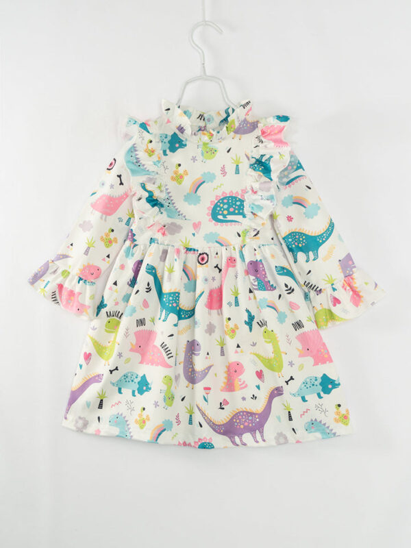Multicolor Dinosaurs Ruffle Girl Twirl Dress