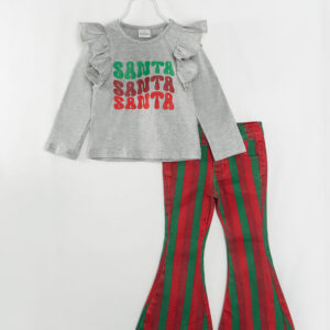 Christmas SANTA Red Green Stripe Girl Denim Bell Pant Set