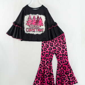 Christmas Pink Leopard Tree Ruffle Girl Pant Set