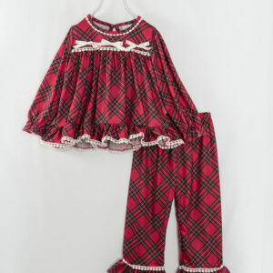 Red Plaid Ribbon Ruffle Girl Outfit Pajamas