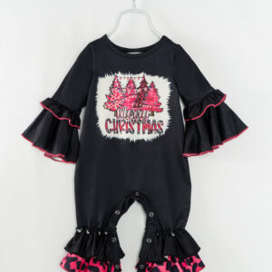 Christmas Pink Leopard Tree Ruffle Baby Girl Romper