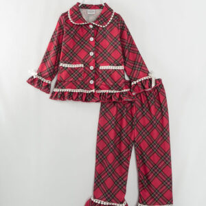 Red Plaid Pocket Ruffle Girl Outfit Pajamas