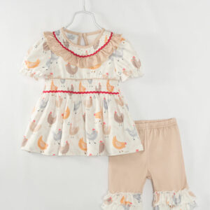 Beige Chicken Ruffle Smocked Girl Short Set