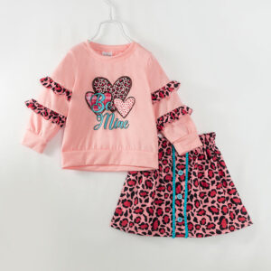 Valentine's Day Pink Leopard Heart Ruffle Girl Skirt Set