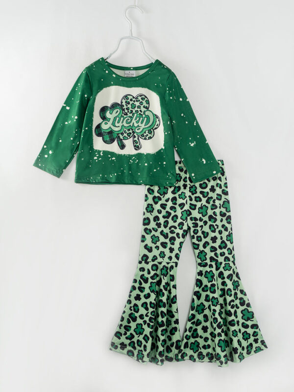 St. Patrick's Day Green Clover Girl Bell Pant Set