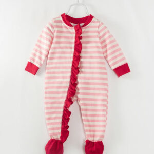 Christmas Pink Stripe Ruffle Baby Girl Romper