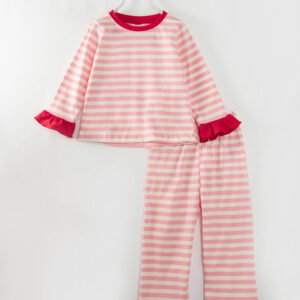 Christmas Pink Stripe Ruffle Girl Pajamas Set