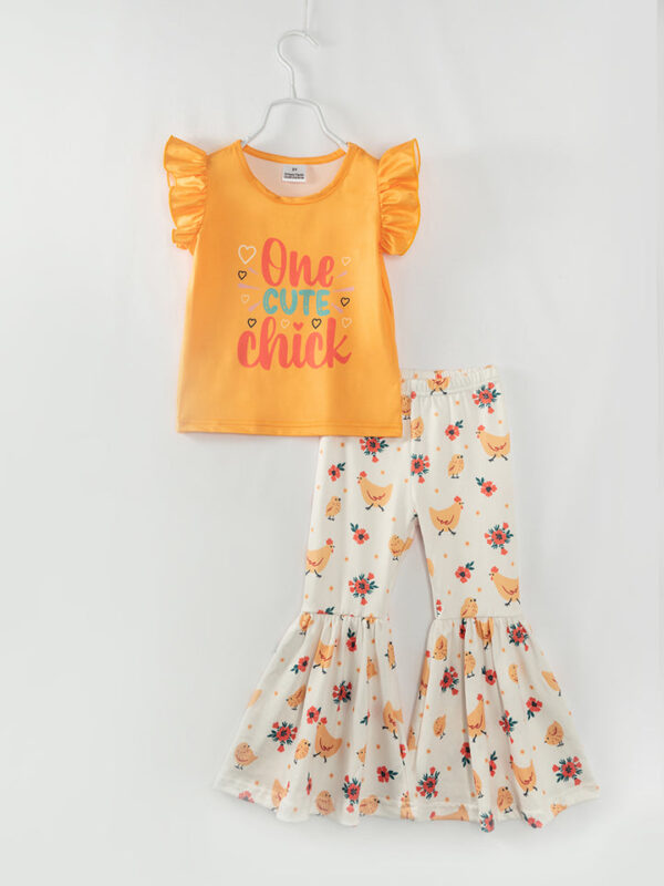 Yellow One Cute Chick Ruffle Girl Bell Bottom Outfit