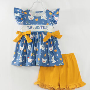 Blue Chicken BIG SISTER Ruffle Smocked Girl Short Set