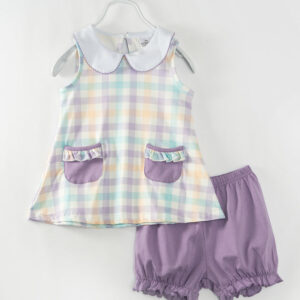 Purple Blue Pocket Plaid Girl Short Set