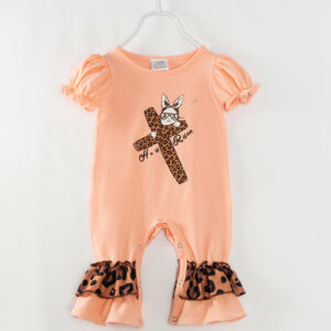 Easter Brown Leopard Cross Bunny Ruffle Baby Girl Romper