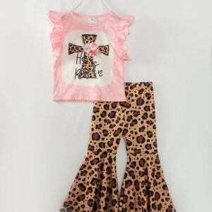 Pink Leopard Cross Ruffle Girl Bell Bottom Outfit