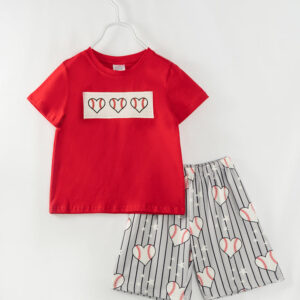 Red Navy Stripe Baseball Heart Boy Short Set