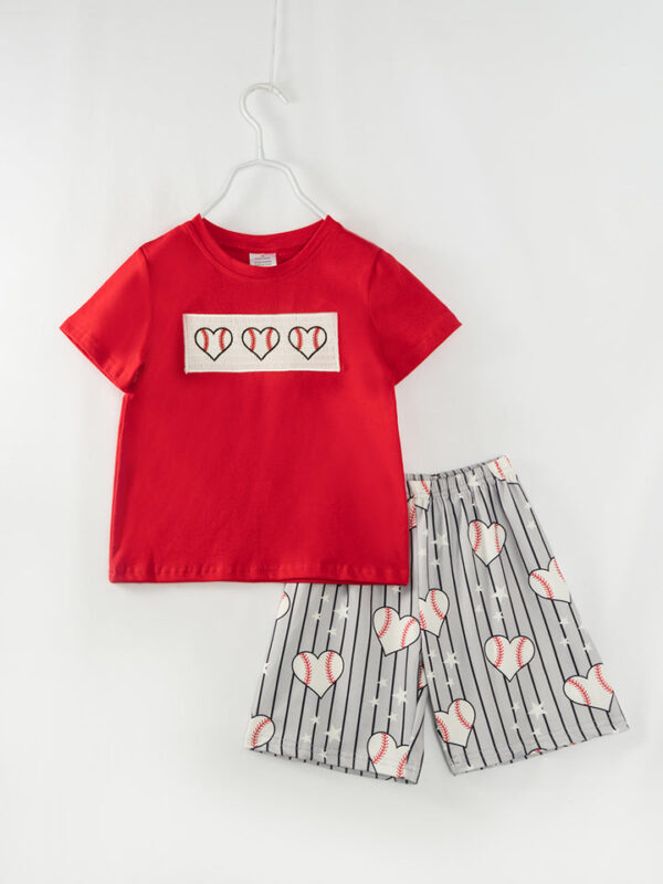 Red Navy Stripe Baseball Heart Boy Short Set