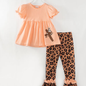 Easter Brown Leopard Cross Bunny Ruffle Girl Bell Bottom Outfit