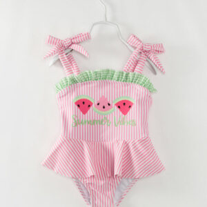Pink Stripe Watermelon Ruffle Girl One Piece Swimsuit