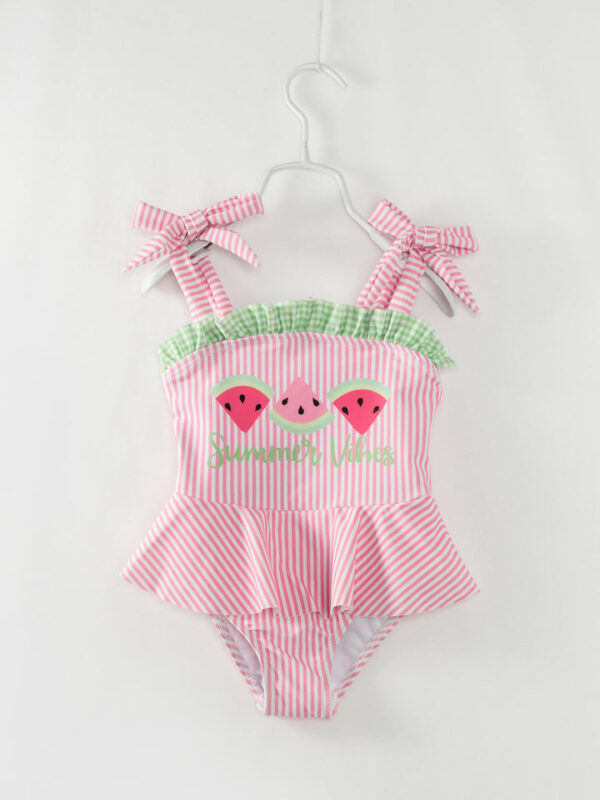 Pink Stripe Watermelon Ruffle Girl One Piece Swimsuit