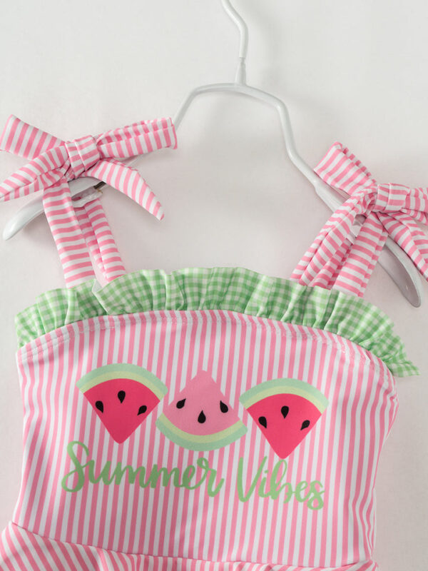 Pink Stripe Watermelon Ruffle Girl One Piece Swimsuit - Image 3