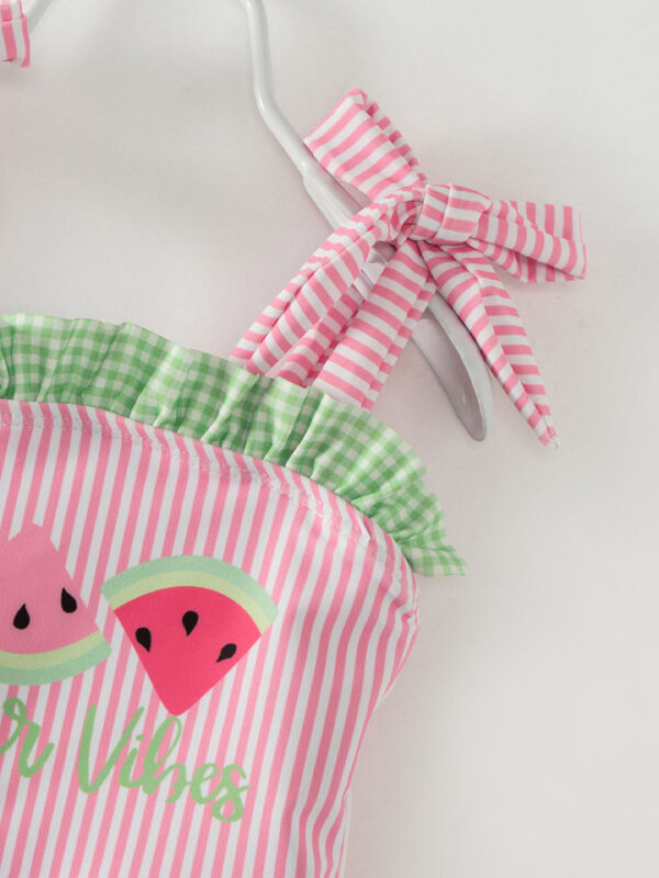Pink Stripe Watermelon Ruffle Girl One Piece Swimsuit - Image 5
