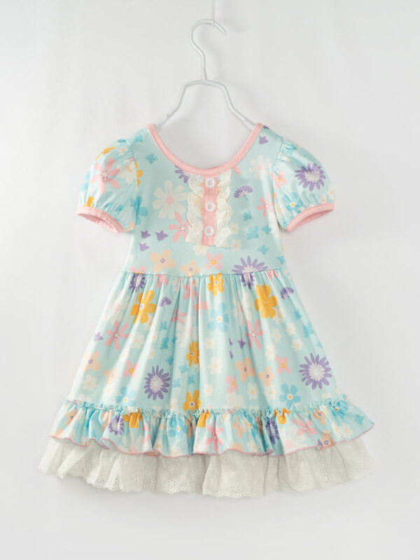 Ice Blue Floral Ruffle Girl Twirl Dress