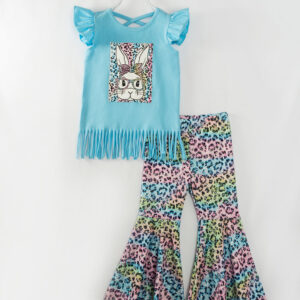 Easter Blue Leopard Rabbit Ruffle Girl Bell Bottom Outfit