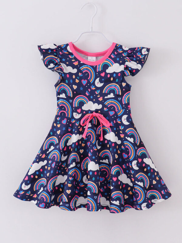 Blue Rainbow Cloud Ruffle Girl Dress